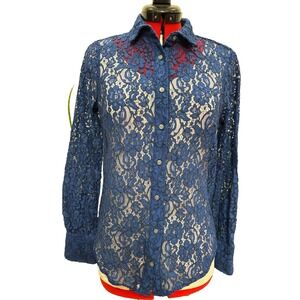 J Crew Classic Fit Lace Button Up Blouse Size 2 Baroque Blue curved hem romantic